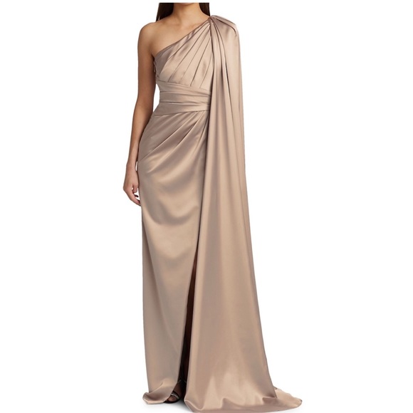 PAMELLA ROLAND STRETCH SATIN ONE SHOULDER GOWN